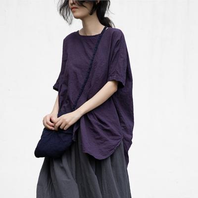 Women Solid Color Summer T-Shirts O-Neck Short Sleeve Cotton Linen Irregular Tees Loose Women T-Shirts