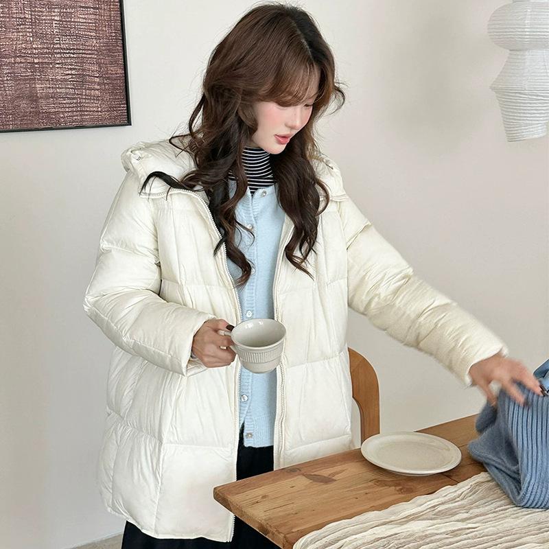 Cloud puff down jacket women's medium and long winter white duck down hooded simple warm loose coat tide