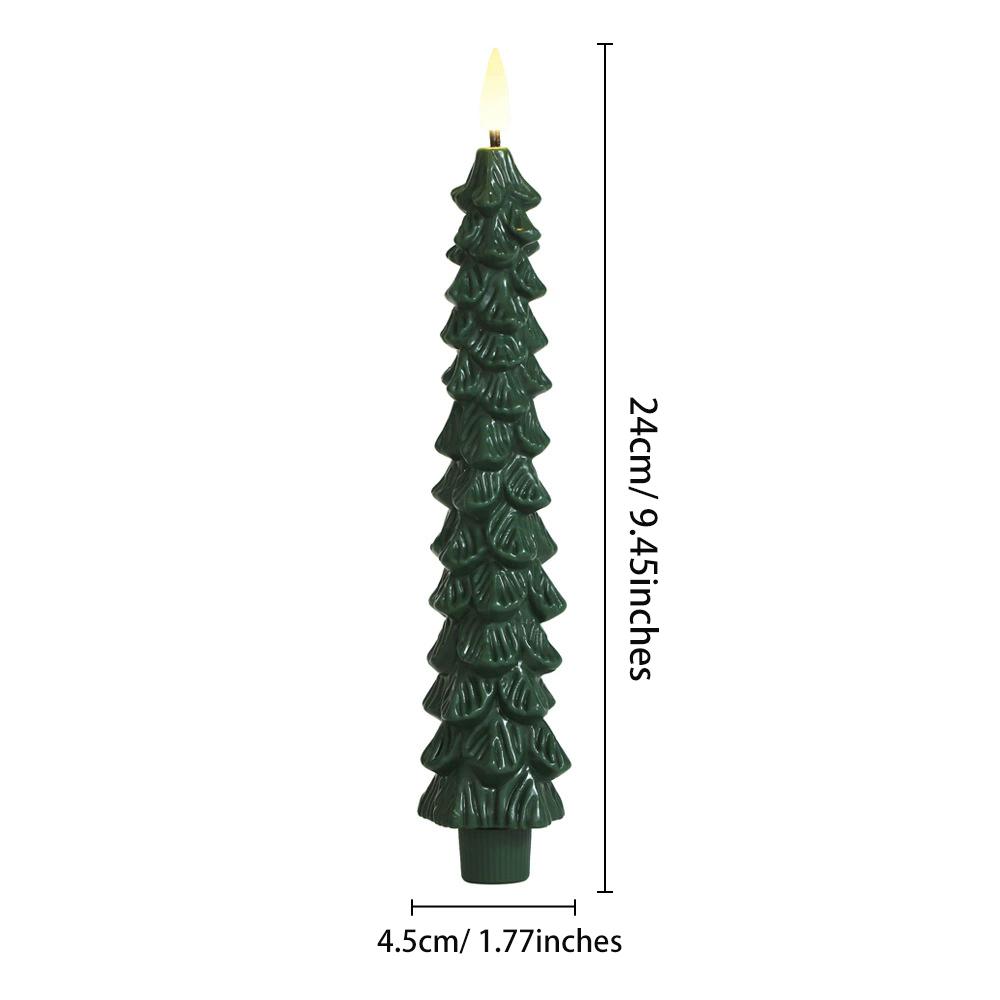 2Pcs Christmas Tree LED Flameless Candles Light with 3D Flame Wick Green LED Candlesticks  Operated forChristmas Home Decoration