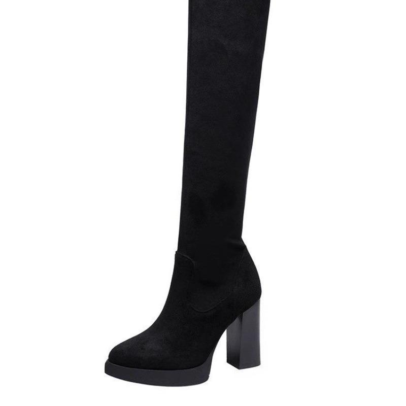 Women's High Heel Long Boots Elastic Slim High Tube Boots Support Autumn Winter Rubber Sharp Toe Shape Snow Boots