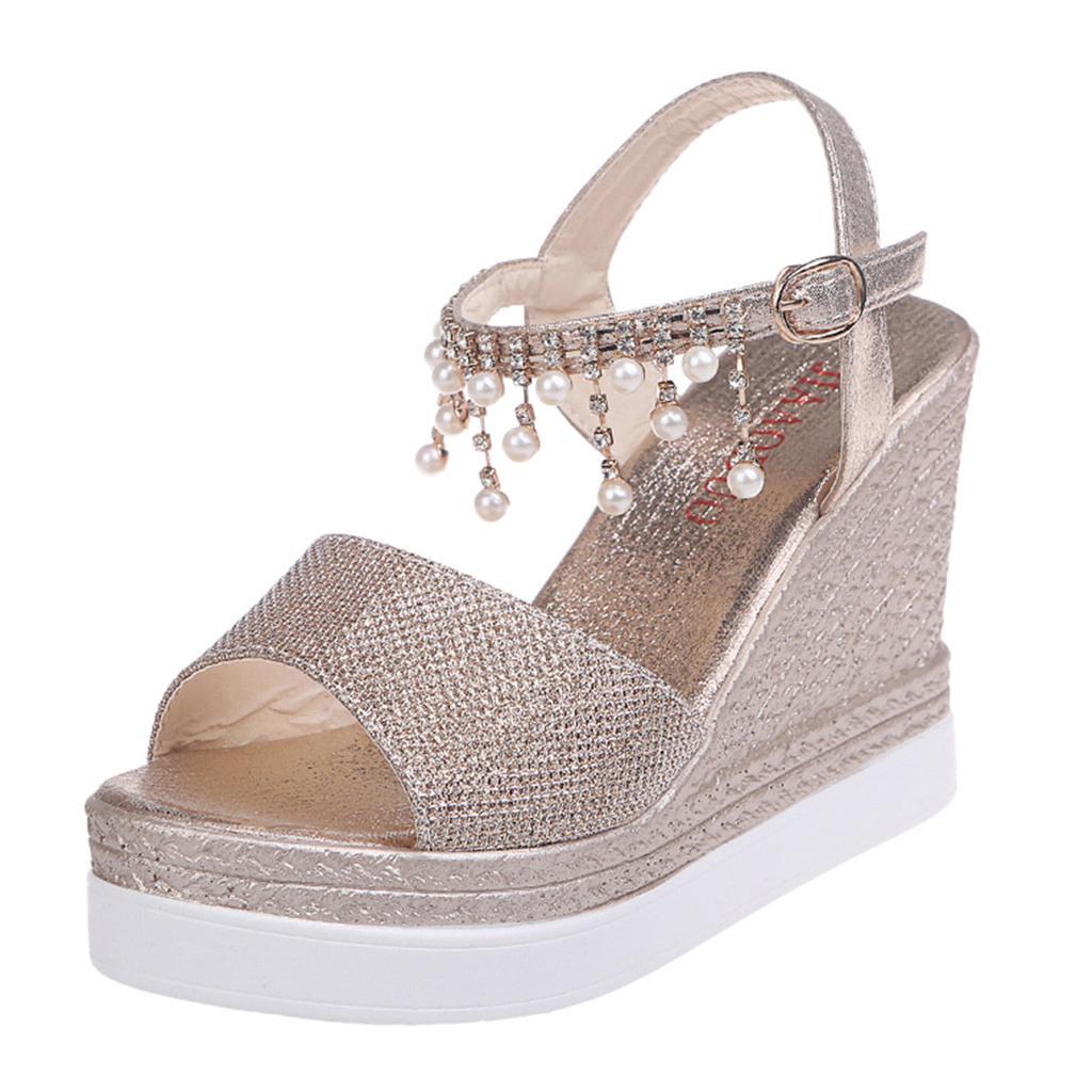Women Ladies Fashion Wedges Platforms Crystal Pearl High Heels Shoes Sandals