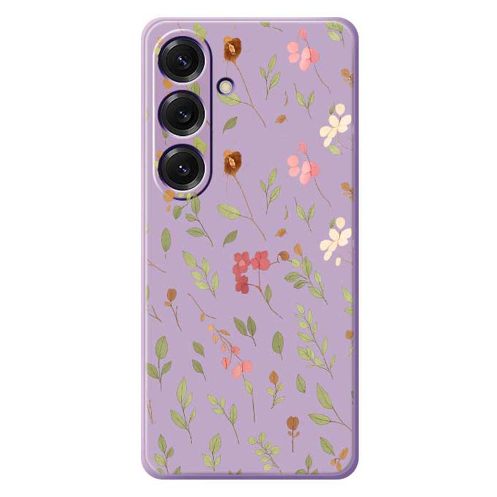 

For Samsung Galaxy S25 Case Small Flower Leaves Pattern Printing Straight Edge TPU Phone Back Cover Purple