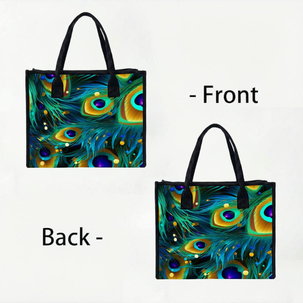 Peacock Feather Pattern Tote Bag Stylish Daily Carry Handbag for Women Trendy Portable Commuter Shoulder Bag