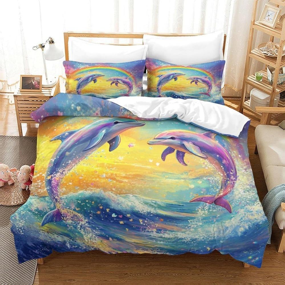 CartoonDolphin  Motif Bed Linen,Microfibre Bedding Sets, Children's Bed Linen  for Teenagers  adult  3-Piece Duvet Cover