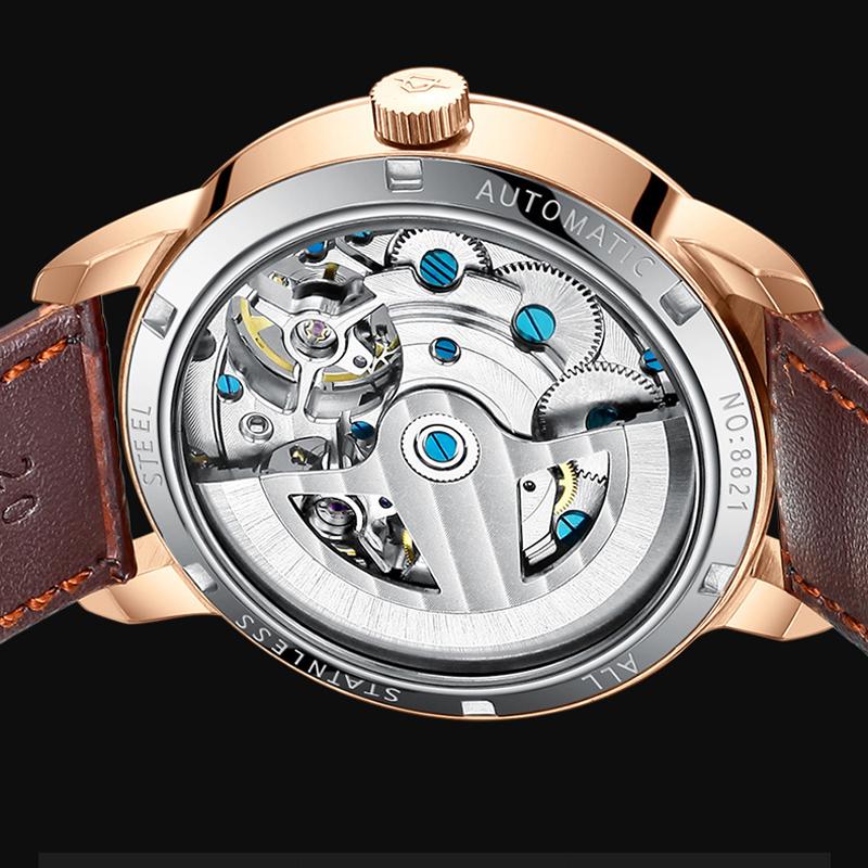 AILANG Orologi da Uomo Nero Doppio Tourbillon Cinturino in Pelle Orologi Meccanici Automatici Tourbillon Volante Impermeabile