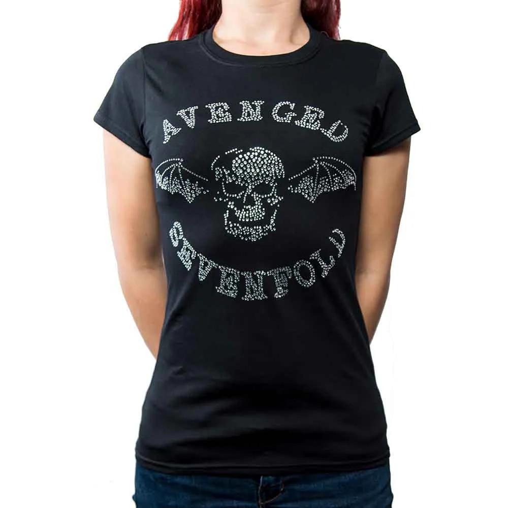 Avenged Sevenfold Ladies Fashion T-Shirt Black Death Bat Rhinestone (M)