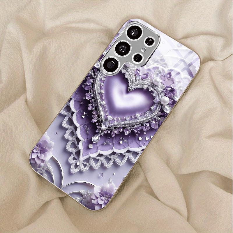 Gold-plated tempered glass phone case, compatible Galaxy S26 S25 S24 S23 S22 Ultra Plus. Purple lace heart design.
