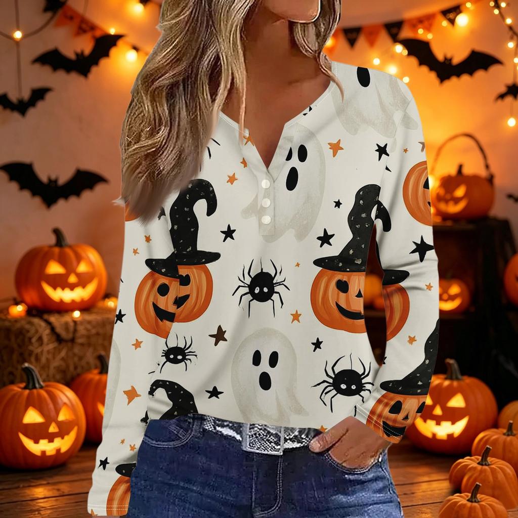 Womens Casual Long Sleeve V Neck Button Down Top Halloween Print Pullover Shirt Lightweight Comfortable Fit