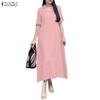 ZANZEA Vestido largo suelto informal de manga corta con cuello vuelto para mujer
