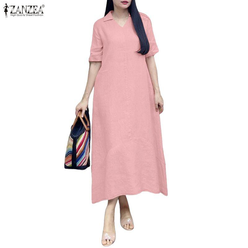 ZANZEA Vestido largo suelto informal de manga corta con cuello vuelto para mujer