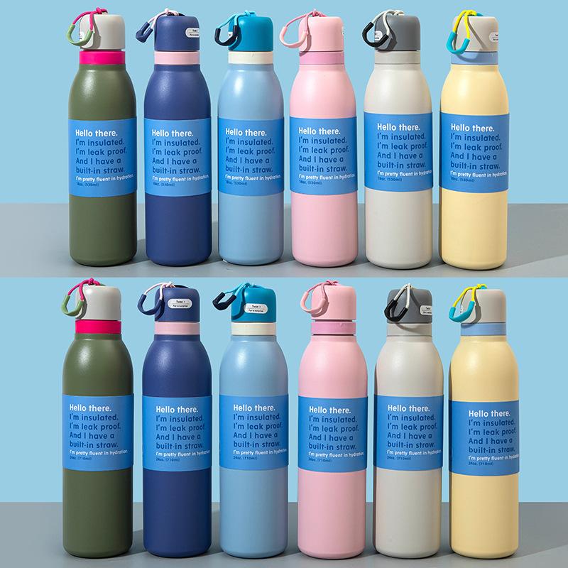 Customizable Logo BPA-Free Vacuum Flask Double Wall Stainless Steel Water Bottle Camping with Sip Straw & Handle