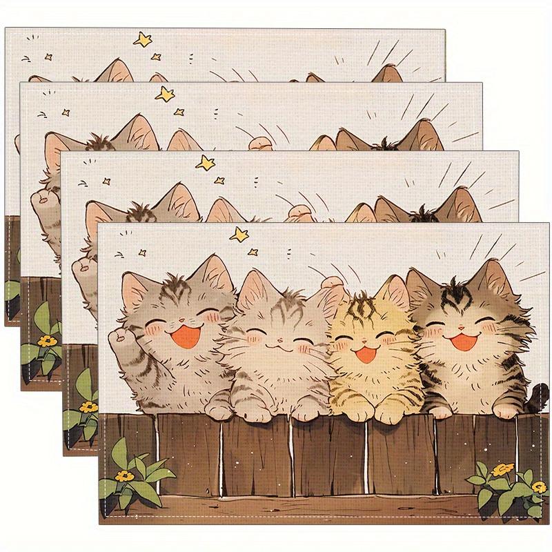 

4/6/8Pcs Cute Cartoon Cat Linen Placemats Hand Washable Stain Resistant Square Table Mats Suitable for Restaurant Kitchen Decor 4Pcs-30X45cm(12X18in
