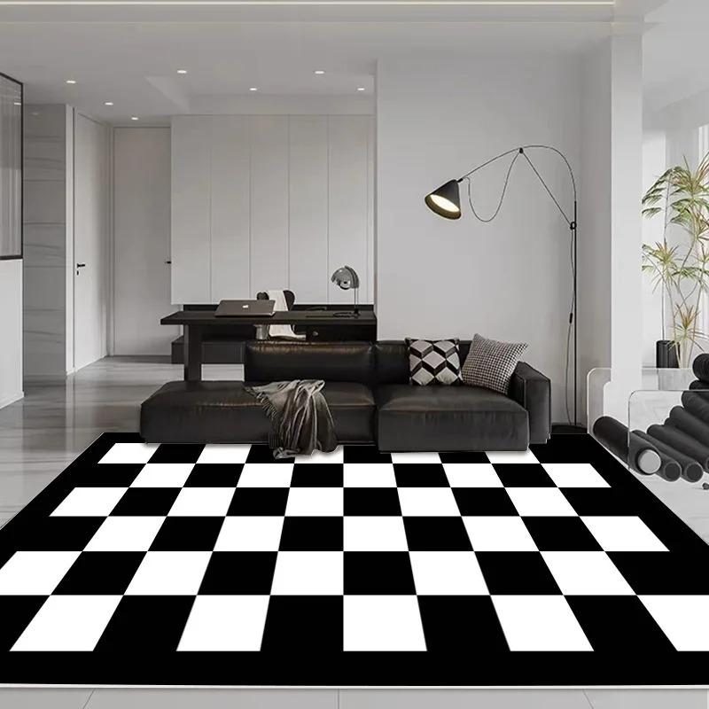 Black and White Checkered Carpet, Living Room Sofa, Simple Bedroom Cream-Style Floor Mat, Ins Bedside Home Decoration Rug