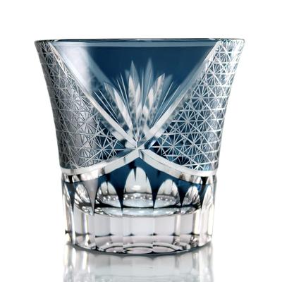 GREEM MARKET Crafts with Wooden Box Glasswork Kiriko Glass Cup Shochu Glass Chrysanthemum Tsunagi Pattern Kiriko Glass Product GMS00763 Number (Navy)