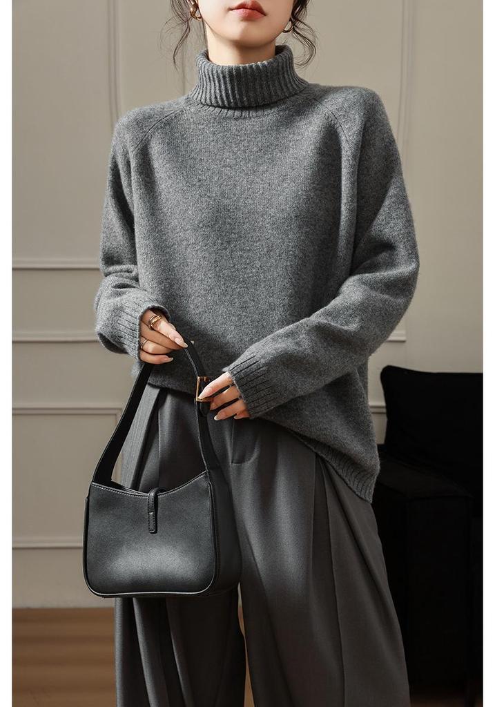 100% Pure Wool Women's High Neck Thick Raglan Sleeve Sweater - Loose Fit Base Layer Knitwear