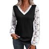 Loose Long Sleeve V Neck Lace Patchwork T Shirt Top Women Casual Tee