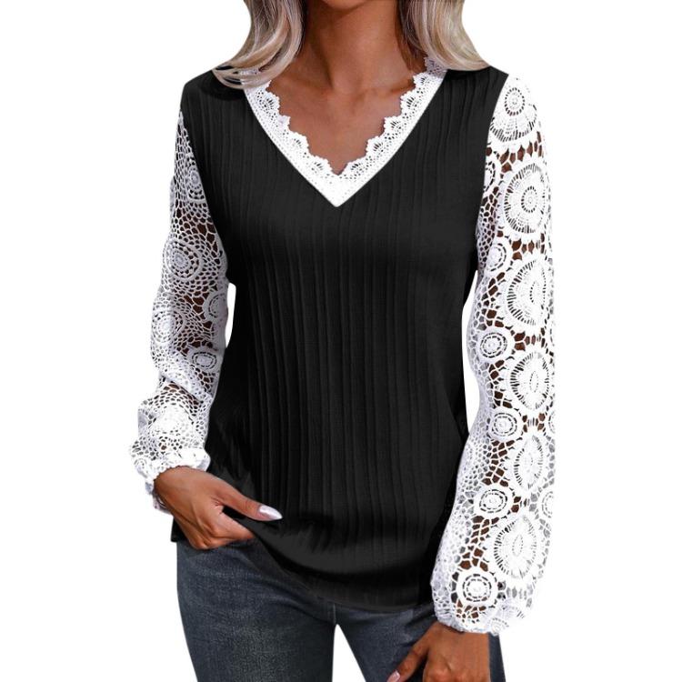 Loose Long Sleeve V Neck Lace Patchwork T Shirt Top Women Casual Tee
