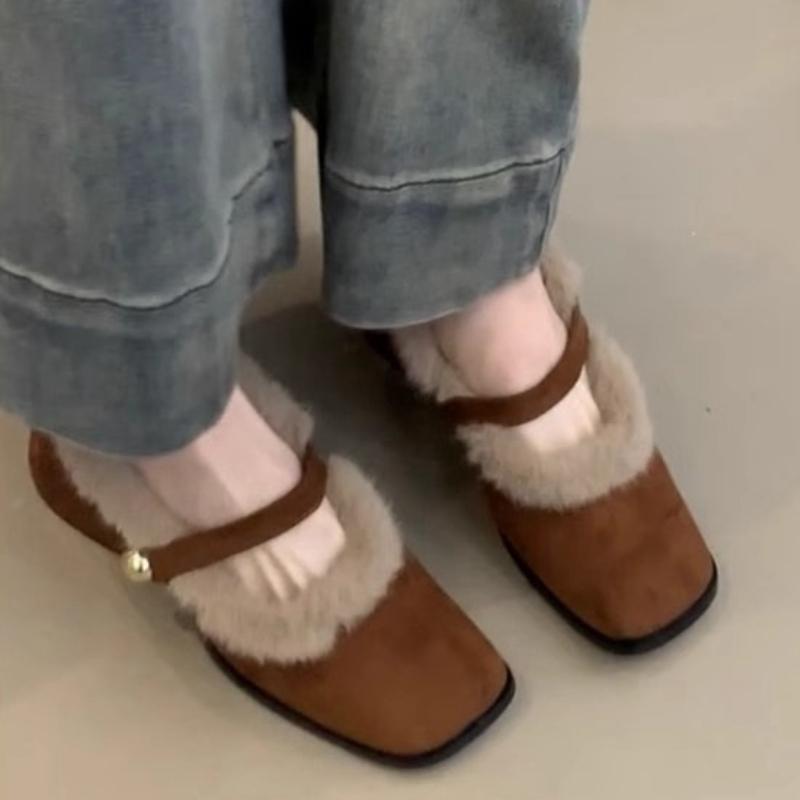 Sapatos Mary Janes Peludos Femininos Salto Alto Bico Quadrado Botas de Neve de Pelúcia Sapatos de Algodão Quentes de Inverno Elegantes Scarpins Mujer