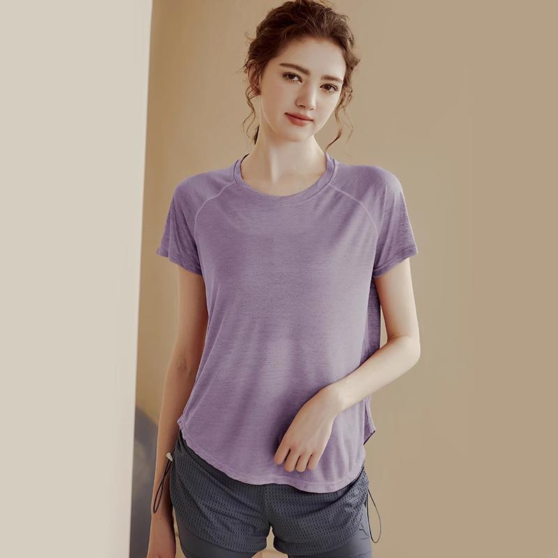 

Женский сетчатый топ для йоги: Свободная, дышащая, эластичная спортивная футболка с коротким рукавом для бега и фитнеса летом S светло-фиолетовый