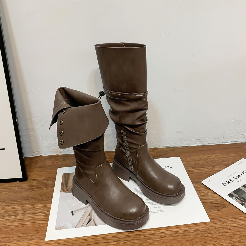 Winter new long knight boots women's wear high-end thick-soled women's boots long tube but knee-fold piled boots