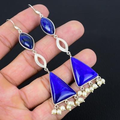 Friendship Day Sale Lapis Lazuli Gemstone Dangling September Earrings 925 Silver