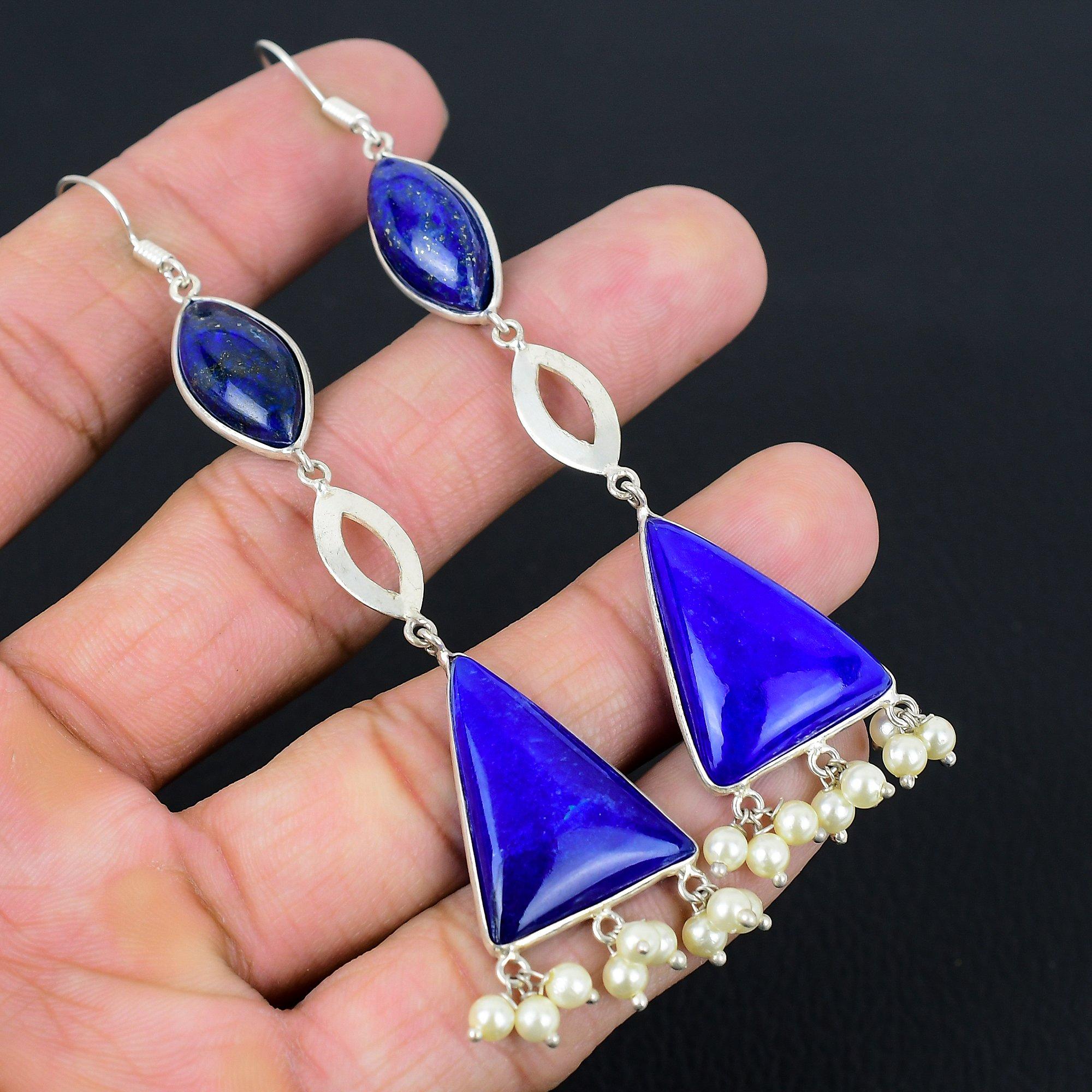 

Friendship Day Sale Lapis Lazuli Gemstone Dangling September Earrings 925 Silver