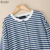 ZANZEA Women Casual Round Neck Long Sleeve Stripe Cardigan Blouse