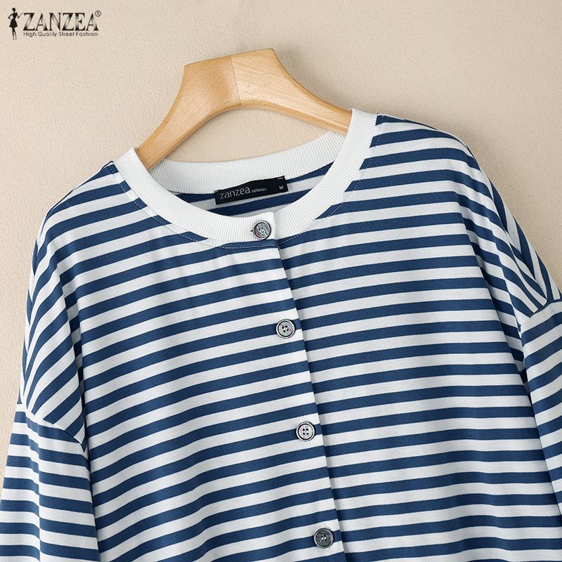 ZANZEA Women Casual Round Neck Long Sleeve Stripe Cardigan Blouse