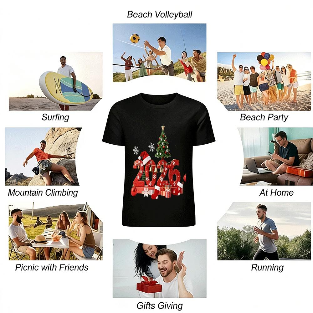 2026 Christmas New Year Graphic Print Casual Long Sleeve Top Pure cotton T-shirt