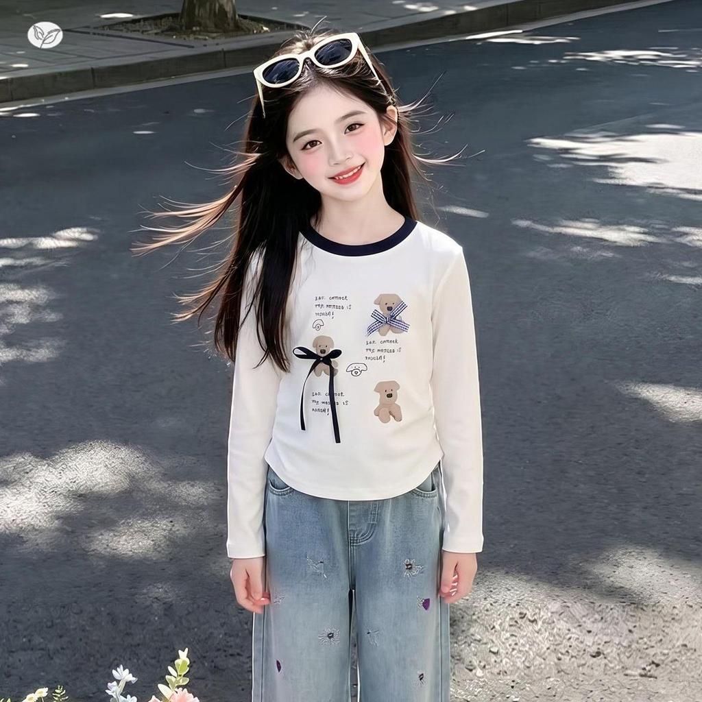 Girls' 2026 Autumn Two-Piece Set: Long-Sleeve T-Shirt & Printed Jeans