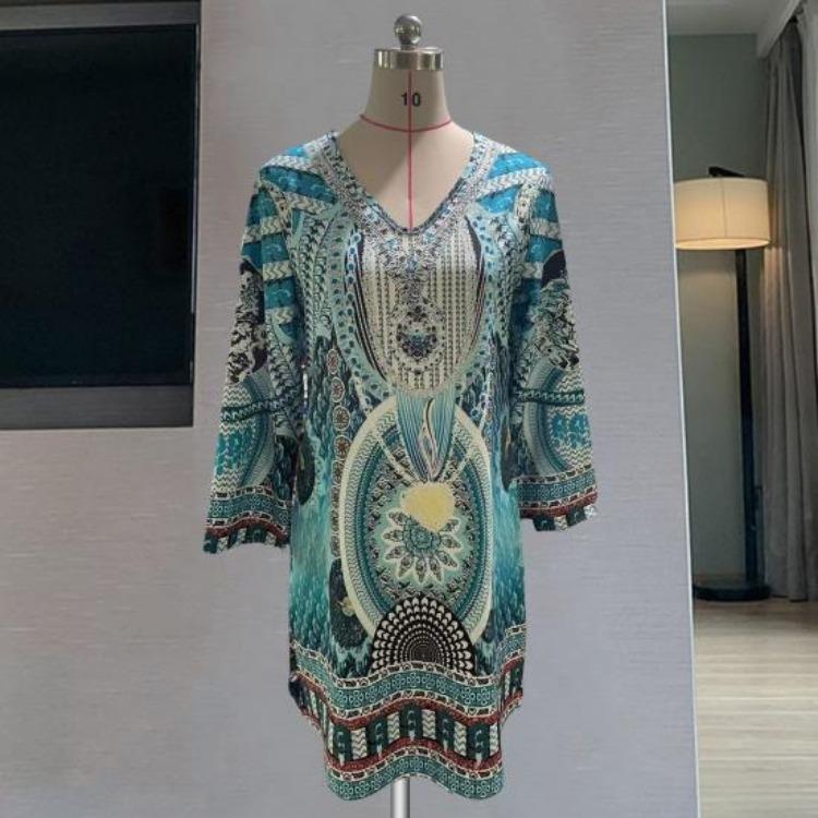 Retro Ethno-Print Sommerkleid Damen Langarm V-Ausschnitt Weich Atmungsaktiv Locker Knielang Lässig Täglich Midi-Kleid
