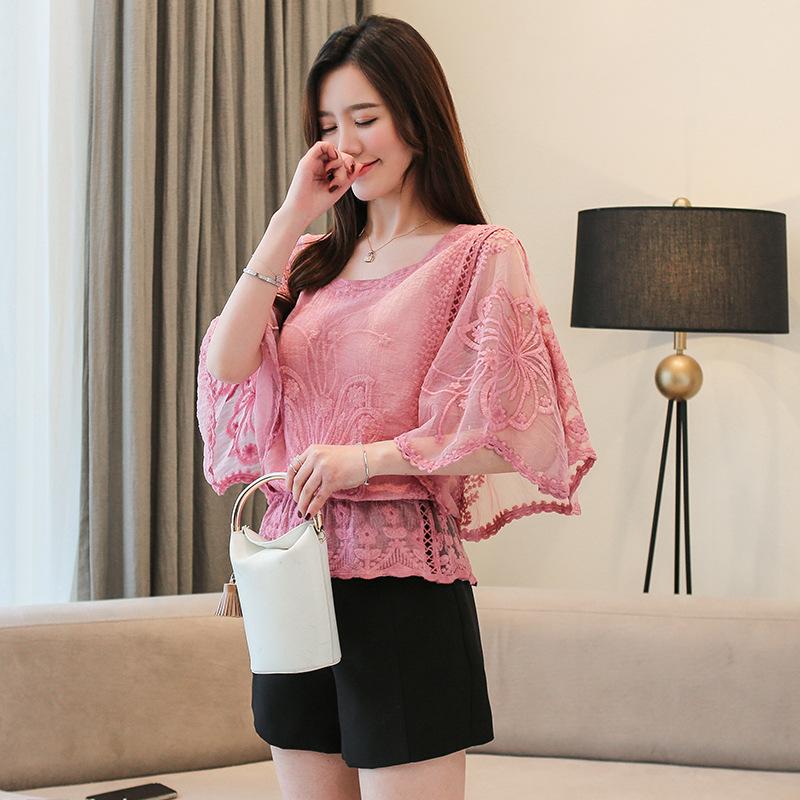 Women's Blouse Summer Big Size Chiffon Cotton Edge Lace Women's Blouse Butterfly Sleeve Flower Ladies Tops