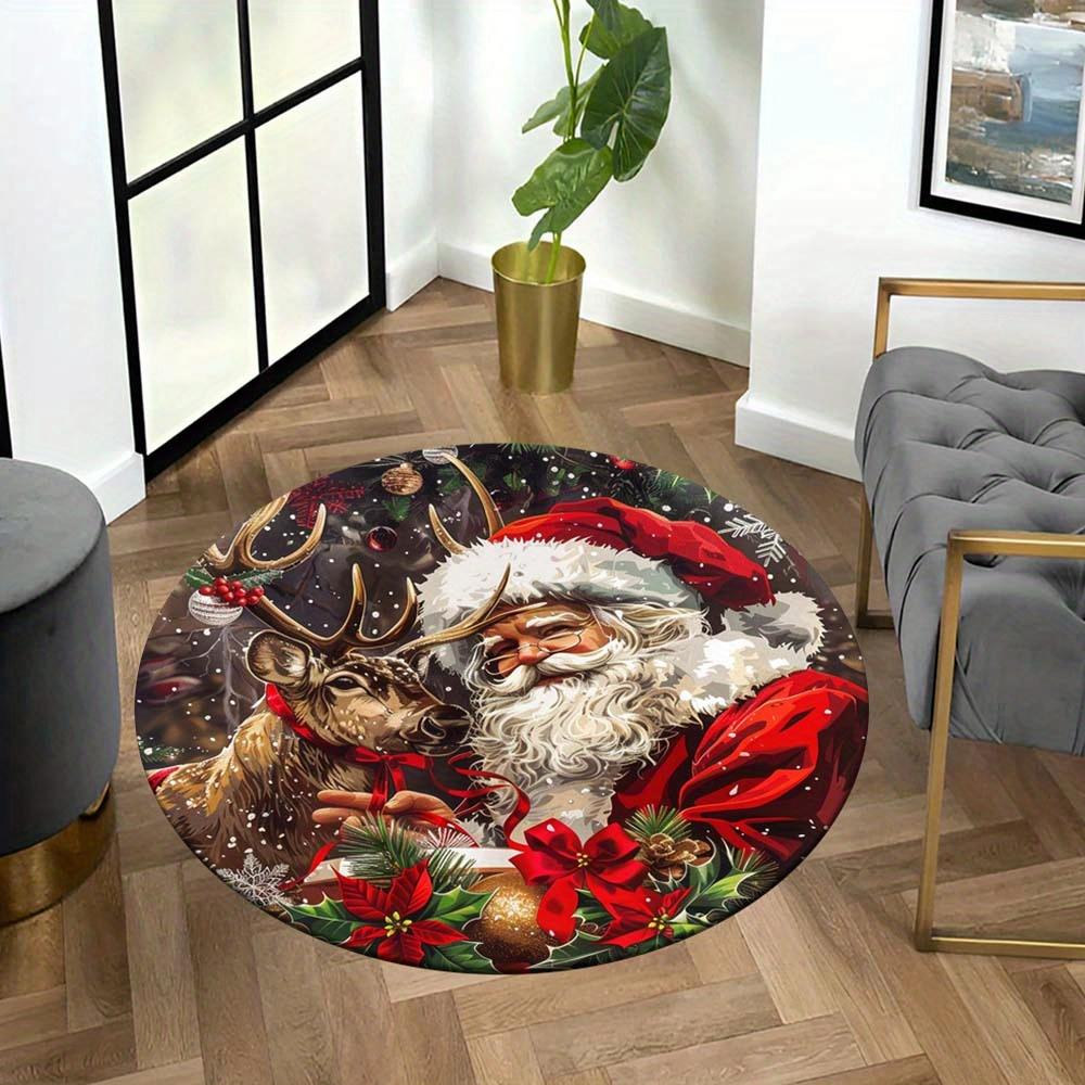 Elk Santa Claus Design Round Rug Non Slip Washable Mat For Living Room Bedroom Dining Entryway Christmas Home Decor