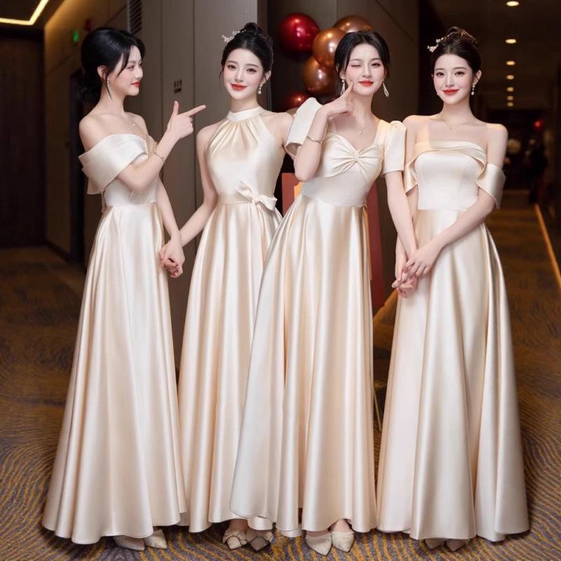 Champagne Satin Bridesmaid Dress - 2025 Autumn/Winter Collection, Versatile High-End Evening Gown for Women