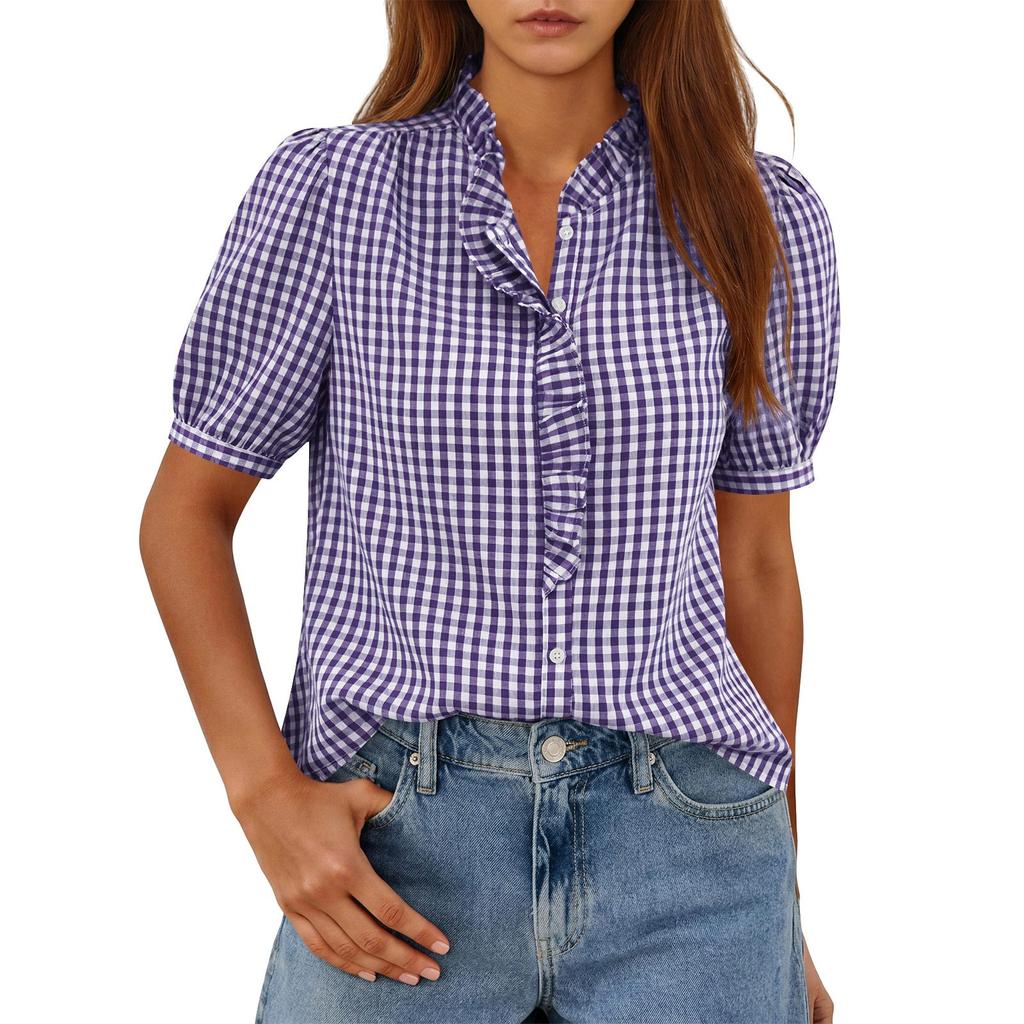 Damska Modna Koszulka T-shirt Top w Kratkę z Dekoltem V na Guziki, Codzienny, Lekki, Krótki Rękaw, z Falbanką