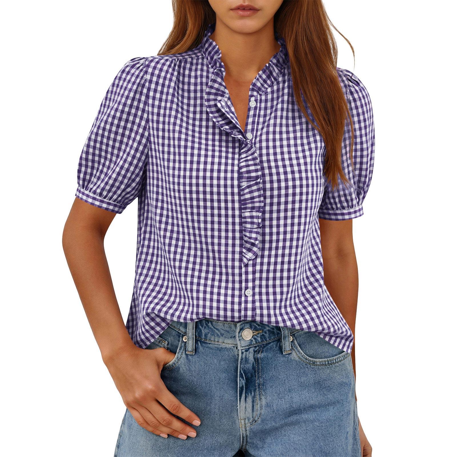 

Women Fashion Plaid Print V Neck Button Pullover Casual T Shirt Top Lightweight Short Sleeve Blouse with Ruffle Detail XL