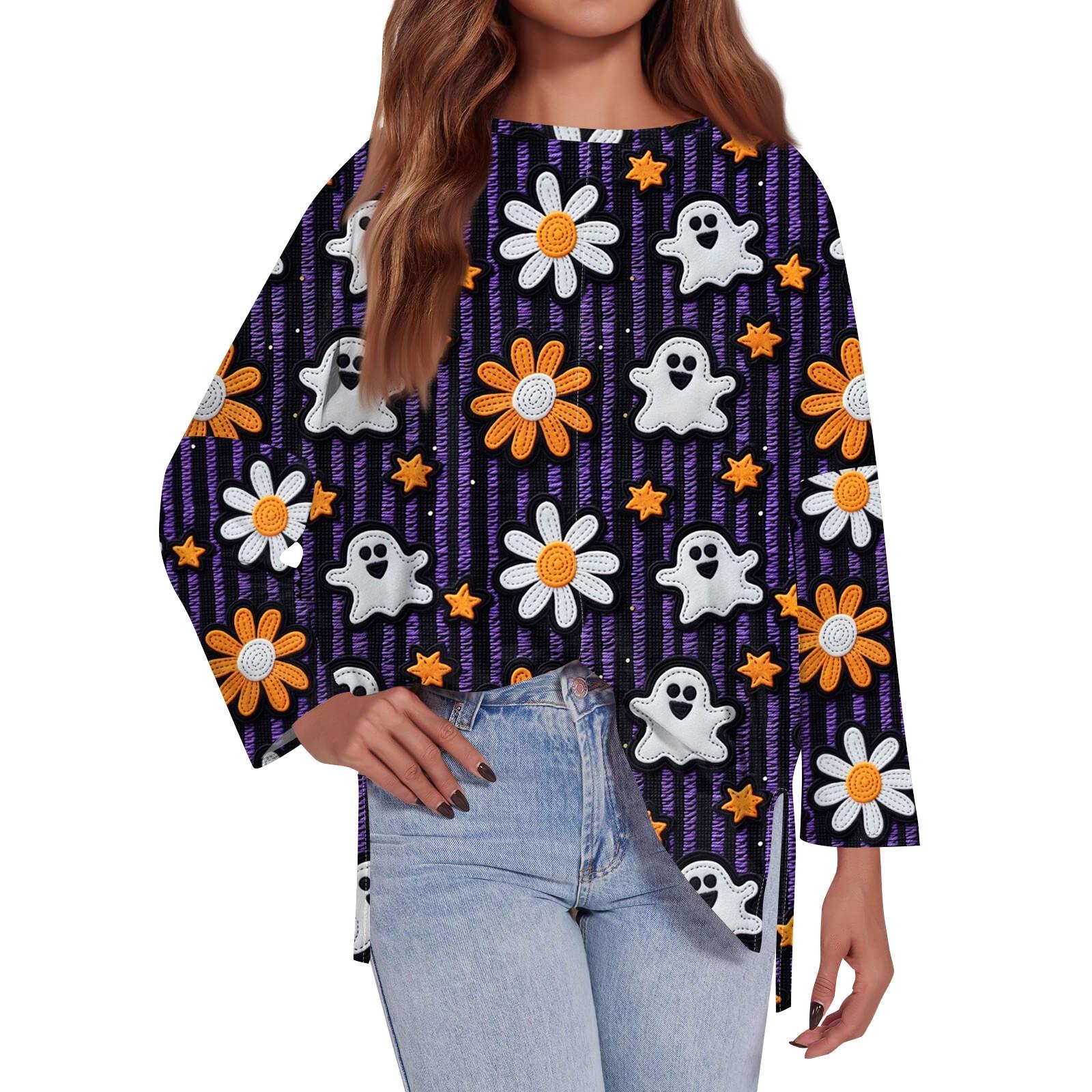 

Женская модная свободная футболка большого размера с круглым вырезом, длинным рукавом, боковым разрезом и принтом на Хэллоуин XL фиолетовый