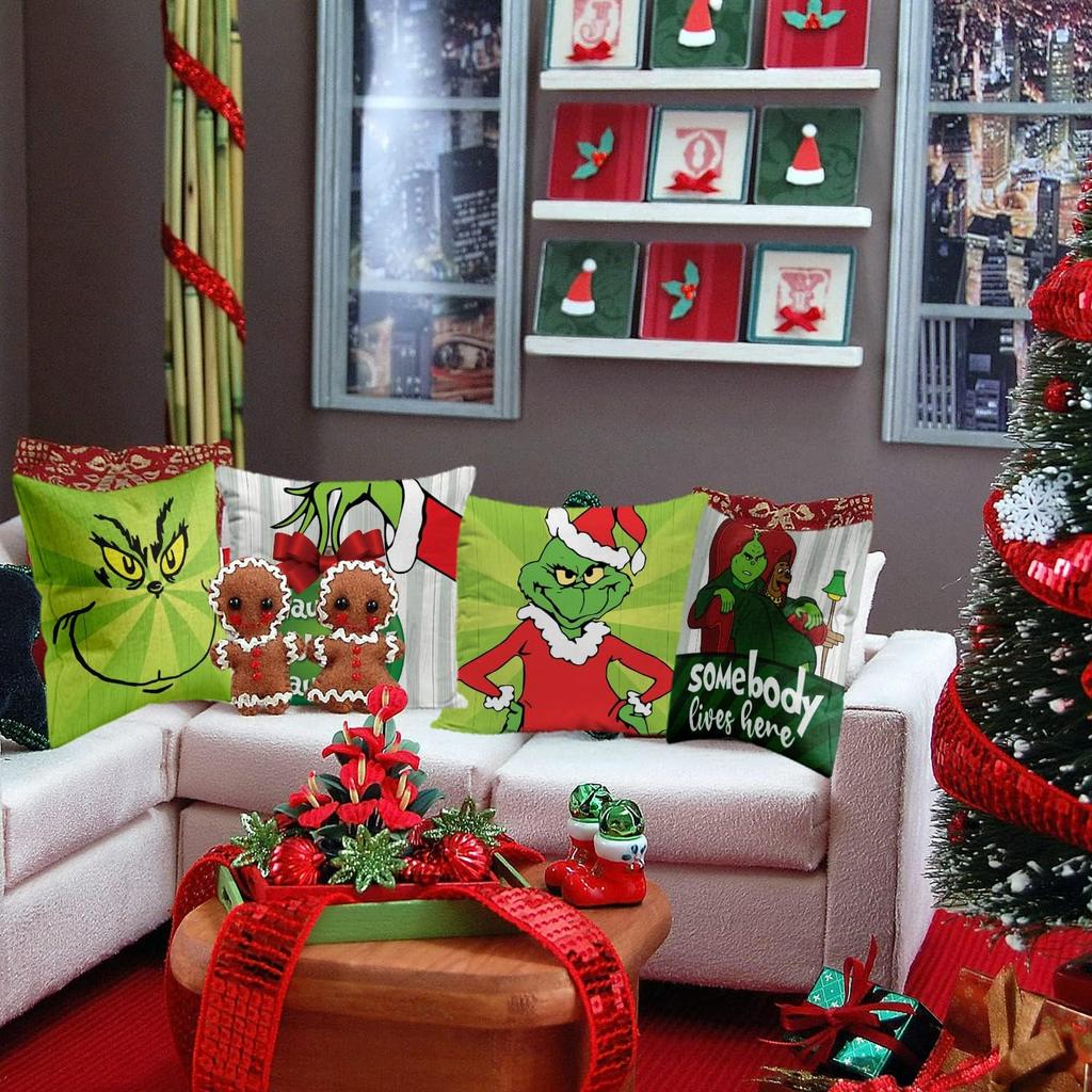 Hollyhorse Merry Grinchmas Pillow Covers 18x18 Set of 4 Cushion Case for Sofa Couch Decoration