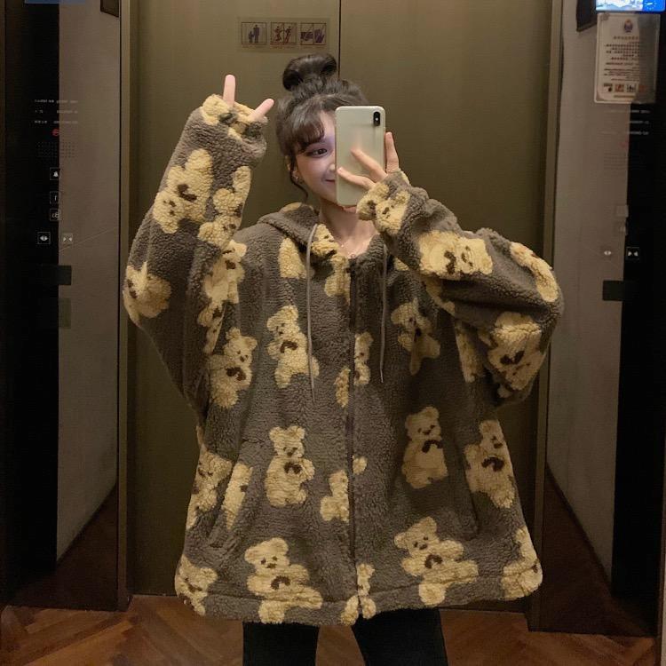 Y2k Amerikaanse Winter Retro Dames Hoodie Mode Losse Capuchon Cardigan Lange Mouwen Beer Print Pluche Warm Koppel Sweatshirt