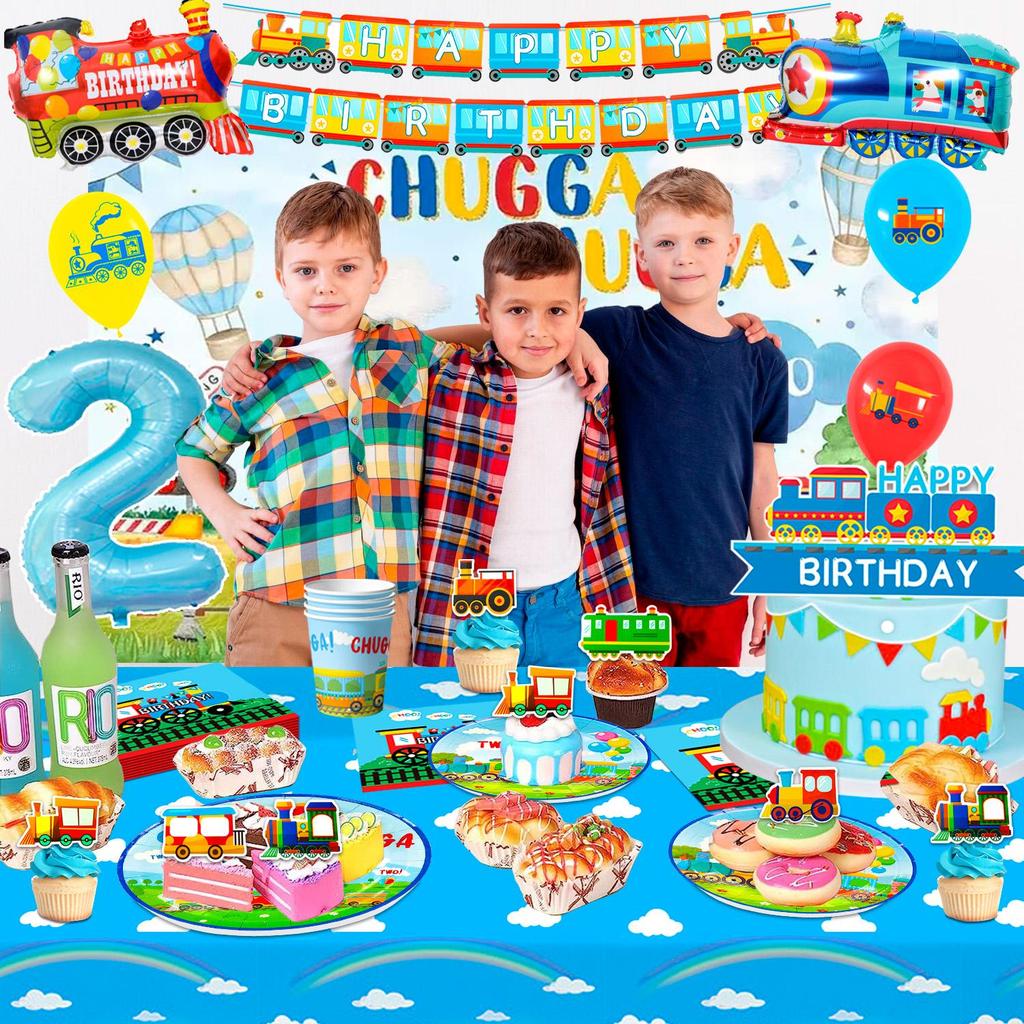 Chugga Chugga Two Two Party Decorations,Train Birthday Decorations&Train Party Tableware-Train Plates Banner Etc Train Birthday Party Supplies