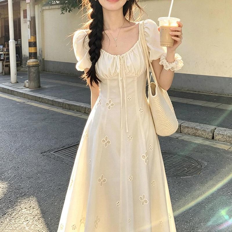 Fairy French heavy industry hollow embroidery beige embroidery dress women's summer bubble sleeves gentle white moonlight long dress