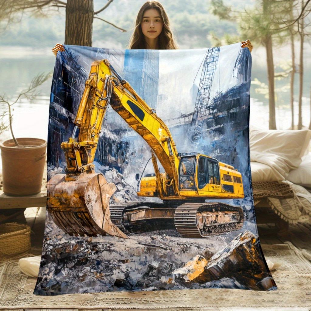 Construction Excavator Print Flannel Blanket Soft Lightweight for Sofa Camping Travel Home Office Use