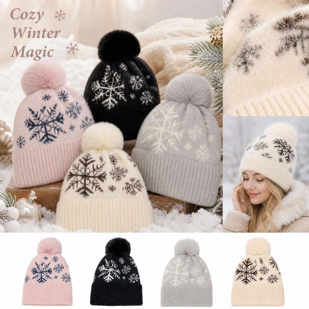 Women's Snowflake Knit with Pom, Warm Lined Winter Hat for Outdoor Skiing and Christmas