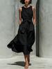Women Sleeveless Round Neck Solid Color Midi Dress Casual Wrap Front Tie Waist Flounce Hem Vacation Dress