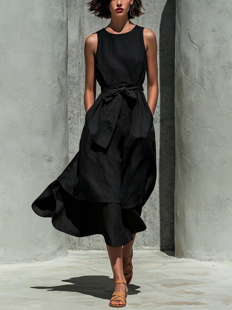 Women Sleeveless Round Neck Solid Color Midi Dress Casual Wrap Front Tie Waist Flounce Hem Vacation Dress