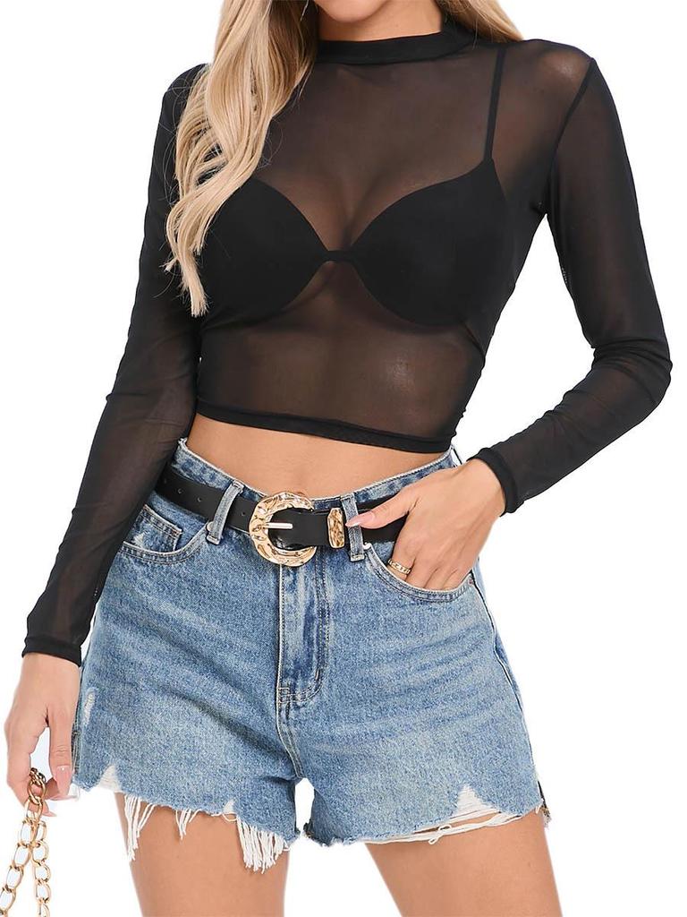 Women's Fresh Sexy Slim Fit See-through Mesh Long Sleeve Top