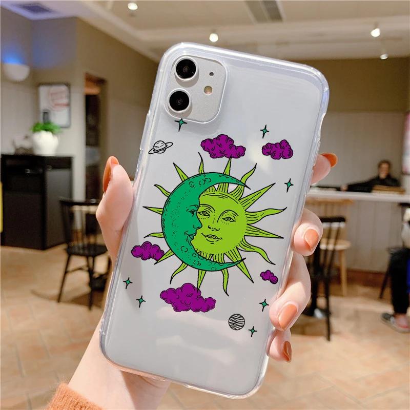 Funny Sun Moon Face Shockproof Phone Case For iPhone 15 14 11 12 13 Pro MAX Mini XS XR SE 14 Plus Fundas Transparent Back Covers