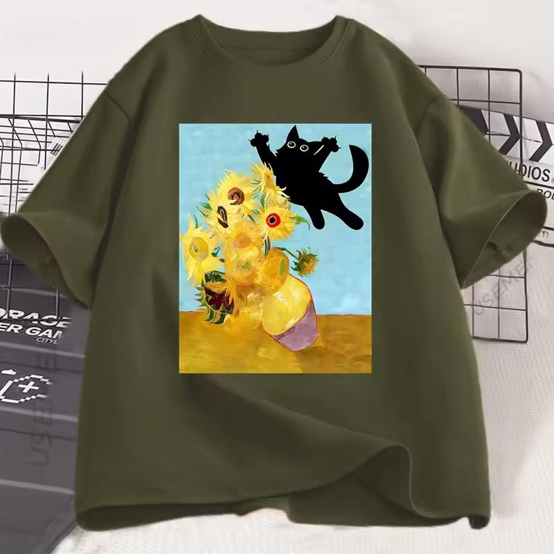 Vincent Van Gogh Cat T-shirt Women Sunflowers Print Tshirt Funny Cute Cat Kitten T Shirt Cotton Short Sleeve Clothes