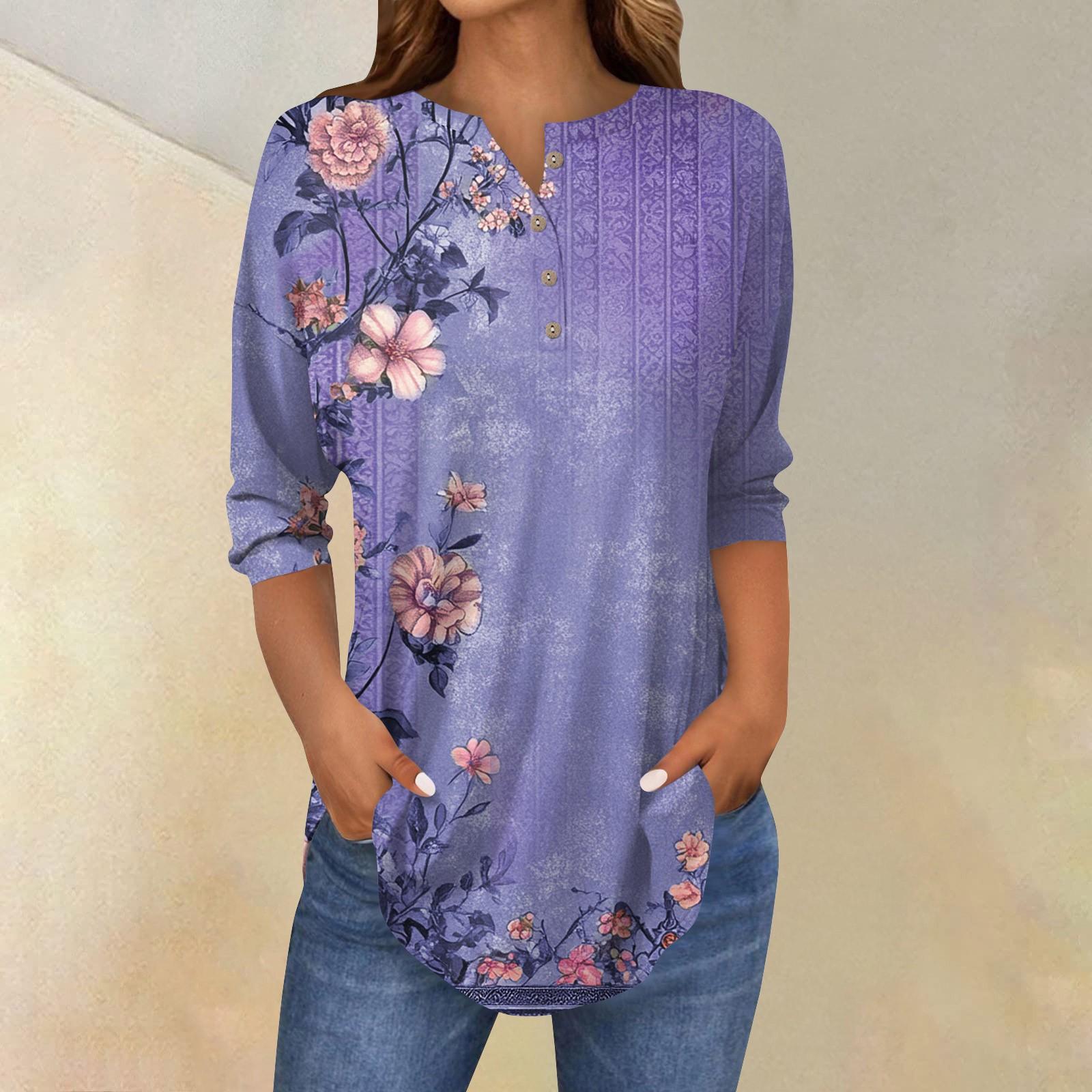 

Женская свободная футболка с воротником на пуговицах и винтажным цветочным принтом, рукав три четверти S фиолетовый