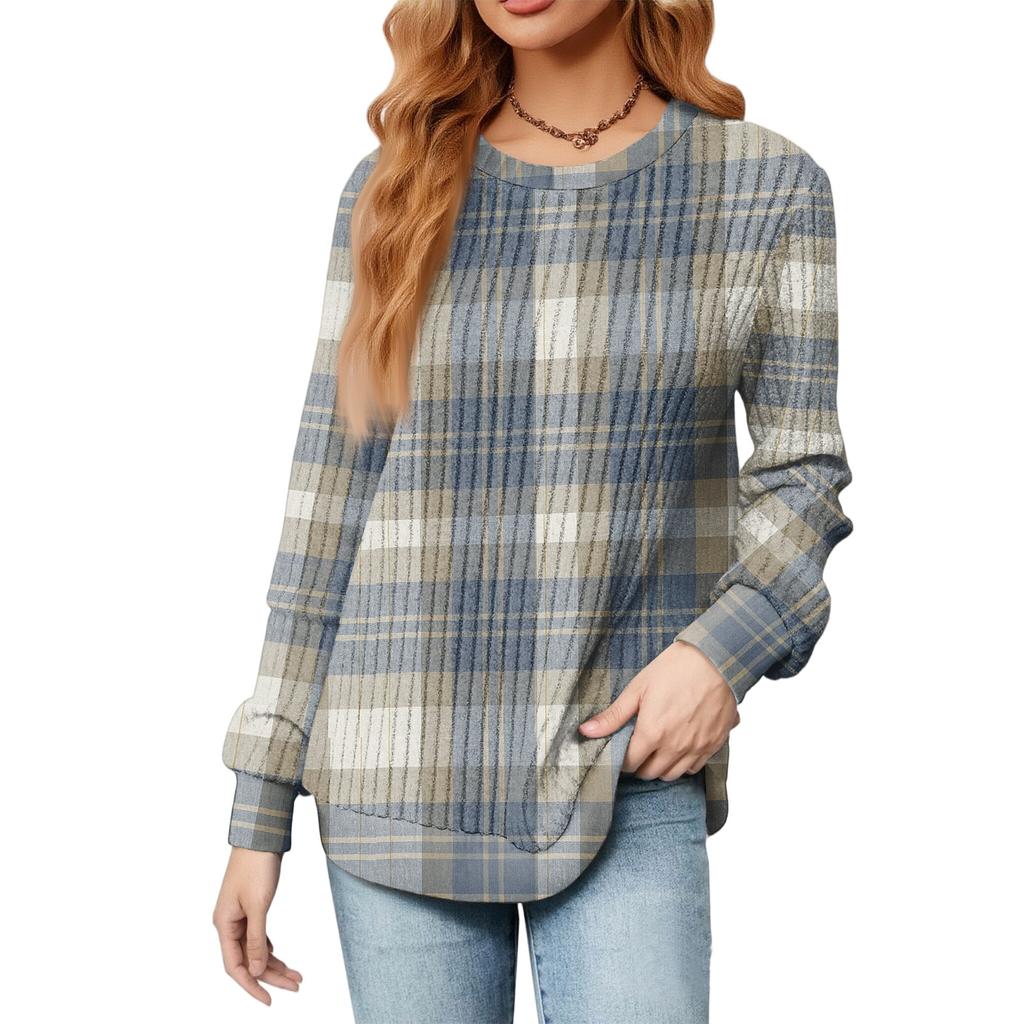 Fashionable Women's Long Sleeved Checkered Striped Printed Lightweight Sweater With Loose Round Neck Top